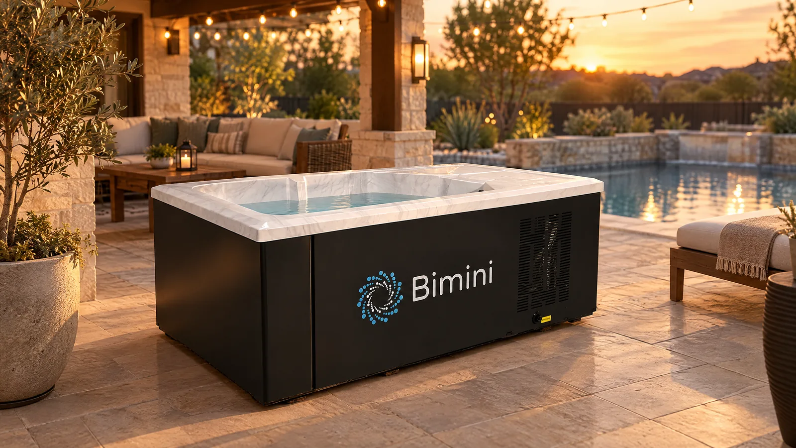 Bimini Integrated Recovery Tub on a backyard patio at sunset