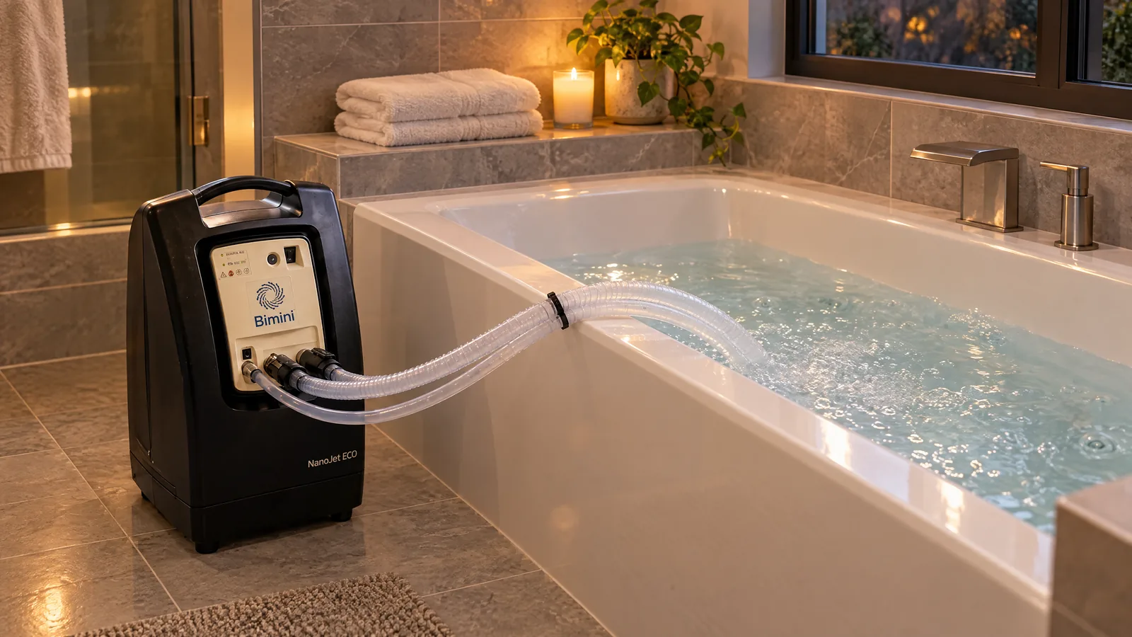 Bimini NanoJet Eco connected to a standard home bathtub