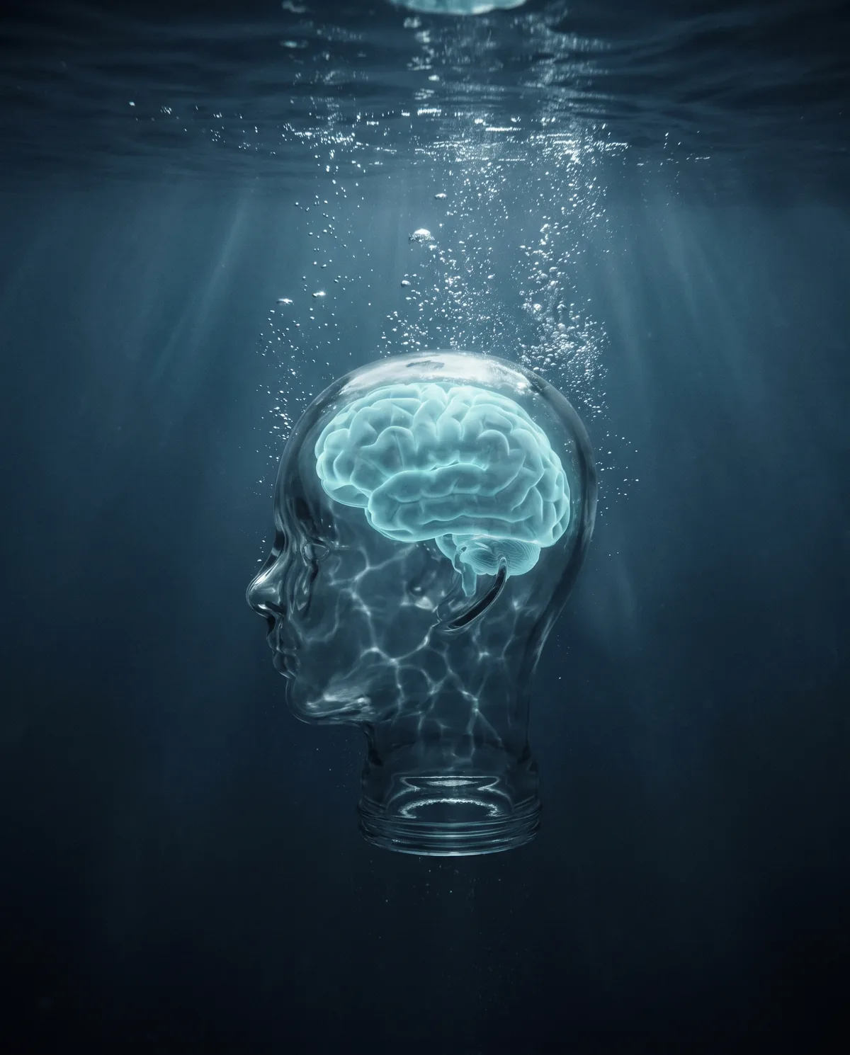 Glass head underwater with a glowing cyan brain and rising oxygen bubbles