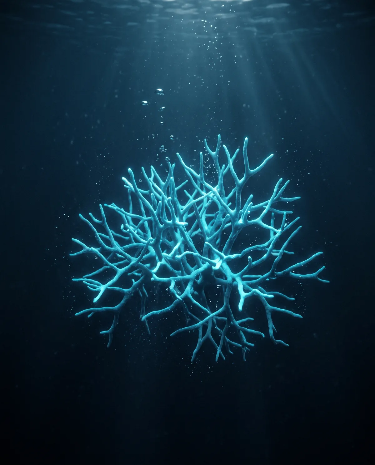 Glowing cyan neuron network in blue water showing how the brain uses oxygen
