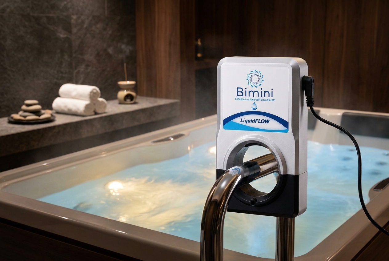 LiquidFLOW installed on a premium spa hydrotherapy tub water line