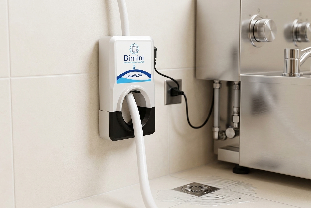 LiquidFLOW unit installed on a water line beside hydrotherapy equipment