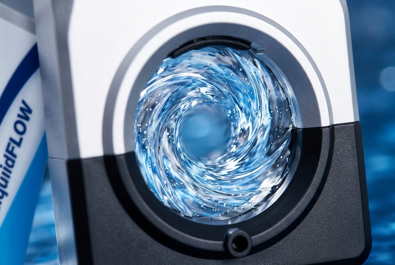 Close-up of the LiquidFLOW circular flow channel with swirling purified water