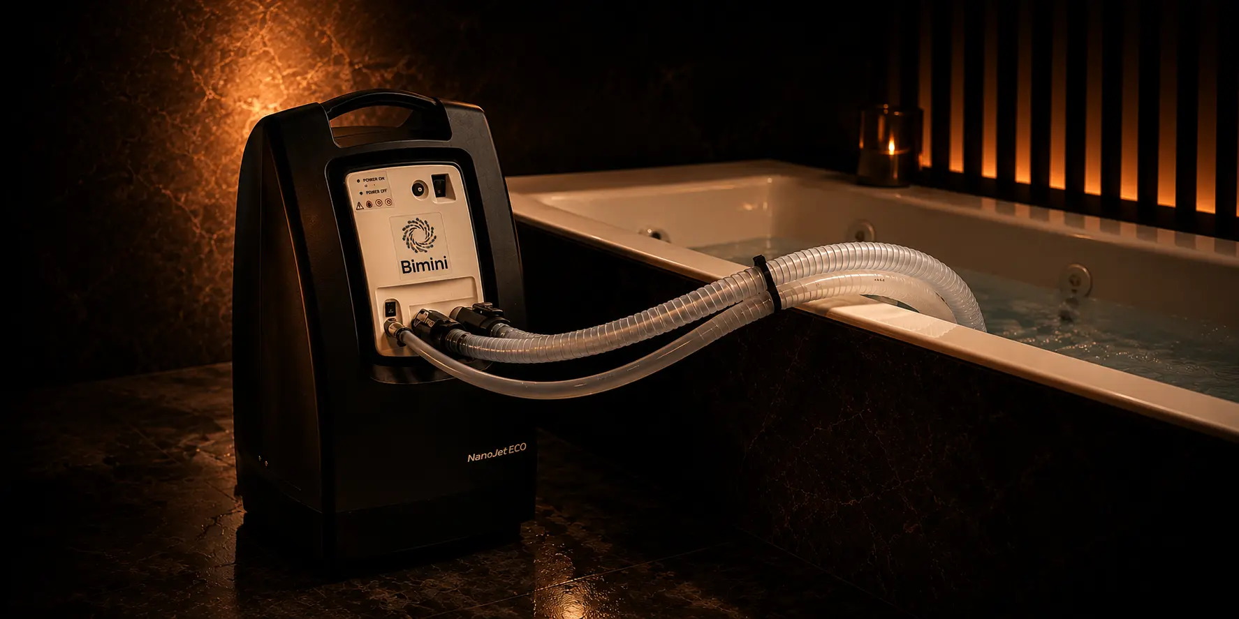 NanoJet Eco beside a filled soaking tub in a candle-lit spa bathroom, hoses hooked over the tub rim delivering oxygen nanobubbles