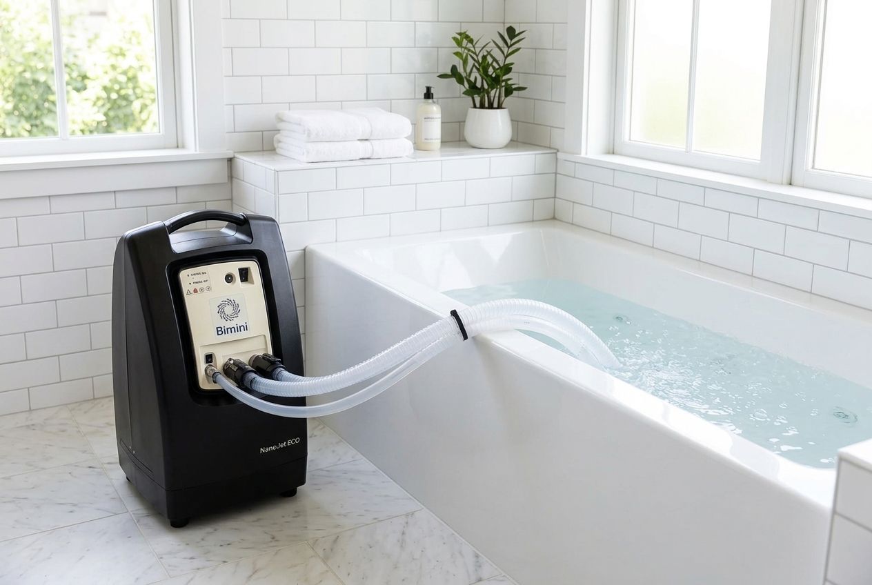 NanoJet Eco standing next to a standard white alcove bathtub in a bright family bathroom, showing the knee-height unit to scale
