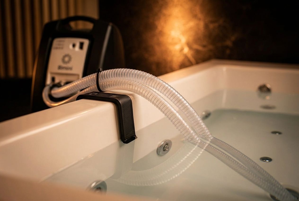 Bather's-eye view of the NanoJet Eco's two clear hoses clipped over the bathtub rim and running into the water