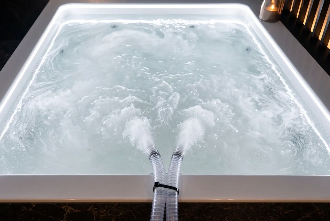 Bathtub water turned milky white by billions of oxygen nanobubbles during a NanoJet Eco session