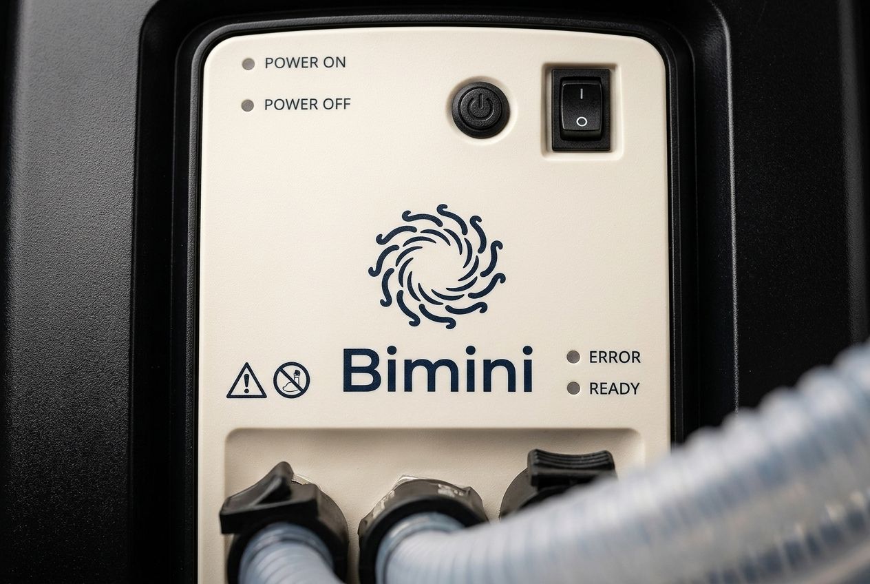 Close-up of the NanoJet Eco control panel with power switch, indicator lights and Bimini logo