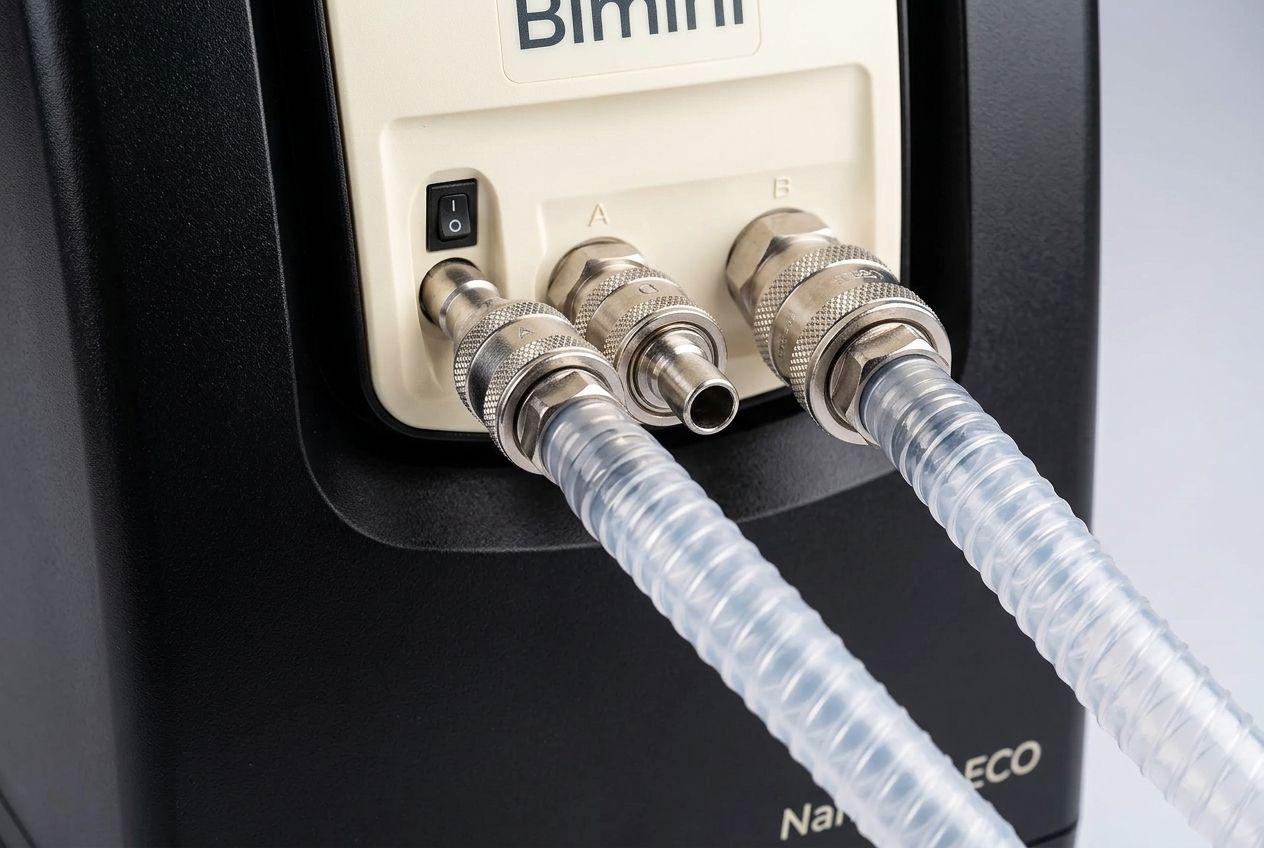 Close-up of the NanoJet Eco quick-connect hose ports — push-fit connections, no tools or plumbing required