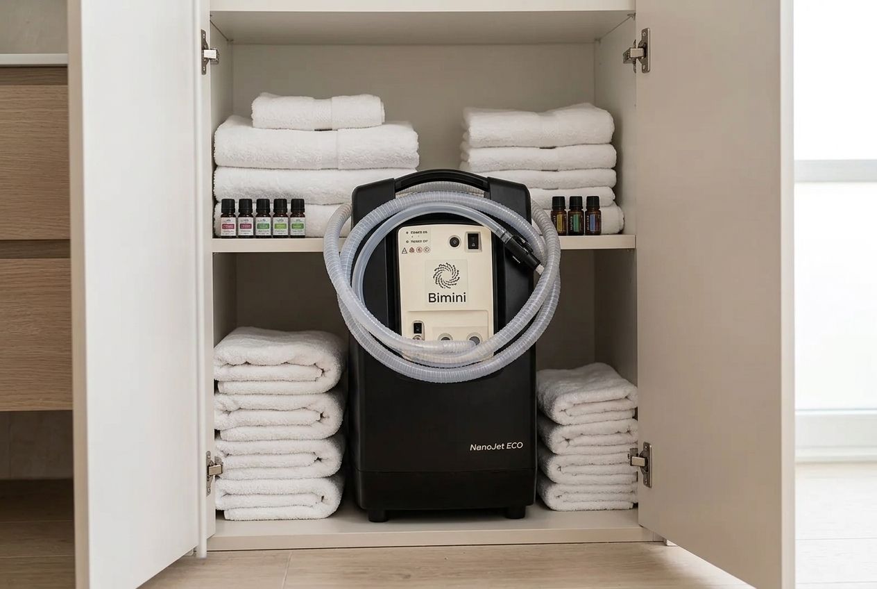 NanoJet Eco stored on the floor of a linen closet between sessions with hoses coiled on top
