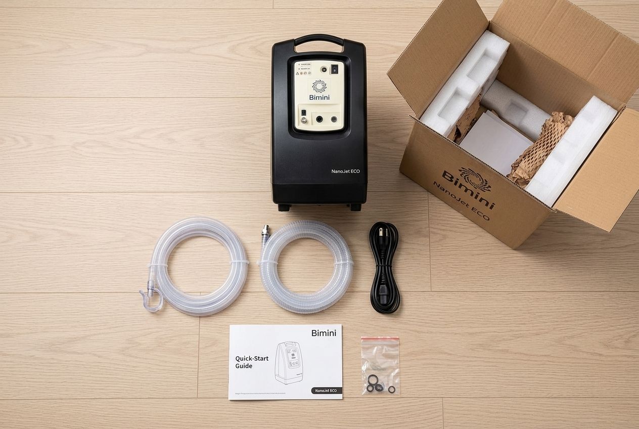 Everything in the NanoJet Eco box laid flat: unit, two hoses, rim clip, power cord and quick-start guide