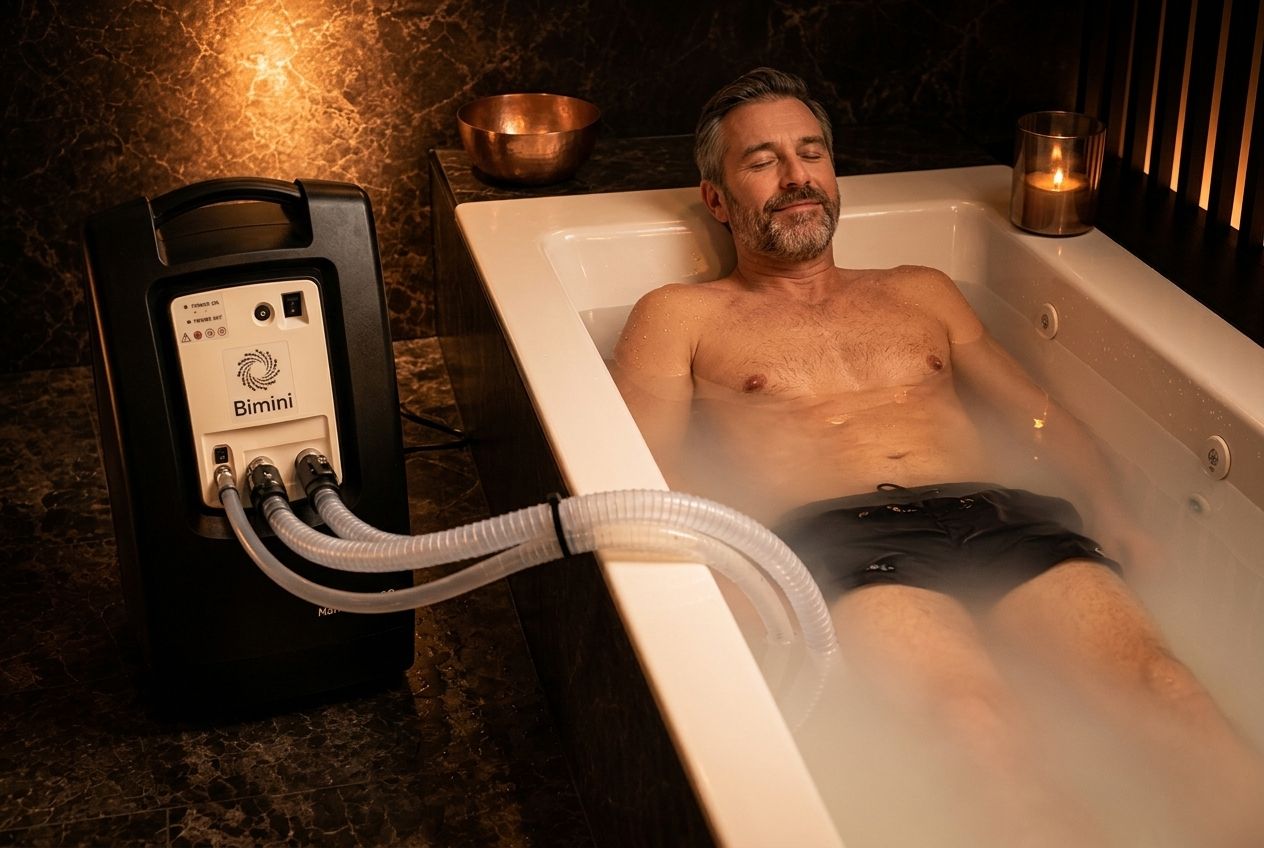 Man relaxing in a bathtub of cloudy oxygen nanobubble water during a NanoJet Eco session