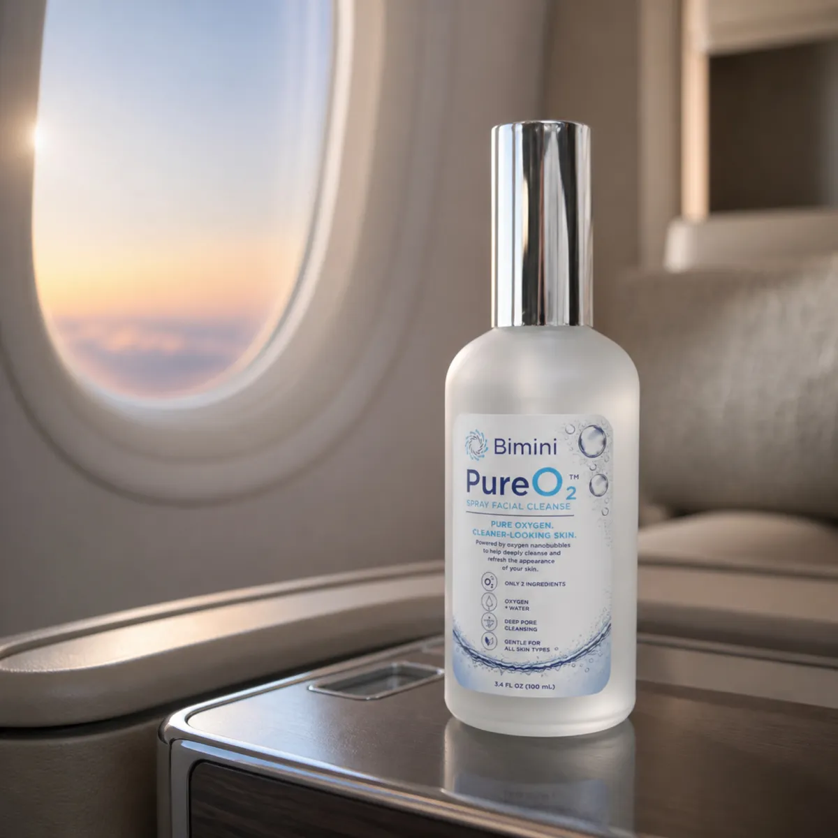Bimini Pure O2 Spray beside an airplane window at sunrise